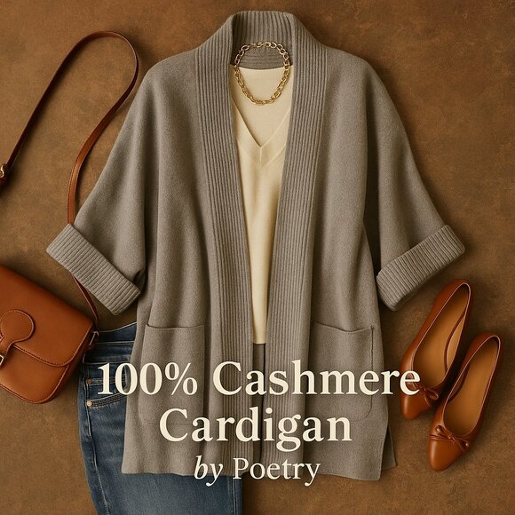 Poetry 100% Cashmere Open Front Cardigan Sweater Gray Knit Pocket Cocoon Wrap L - Picture 1 of 12